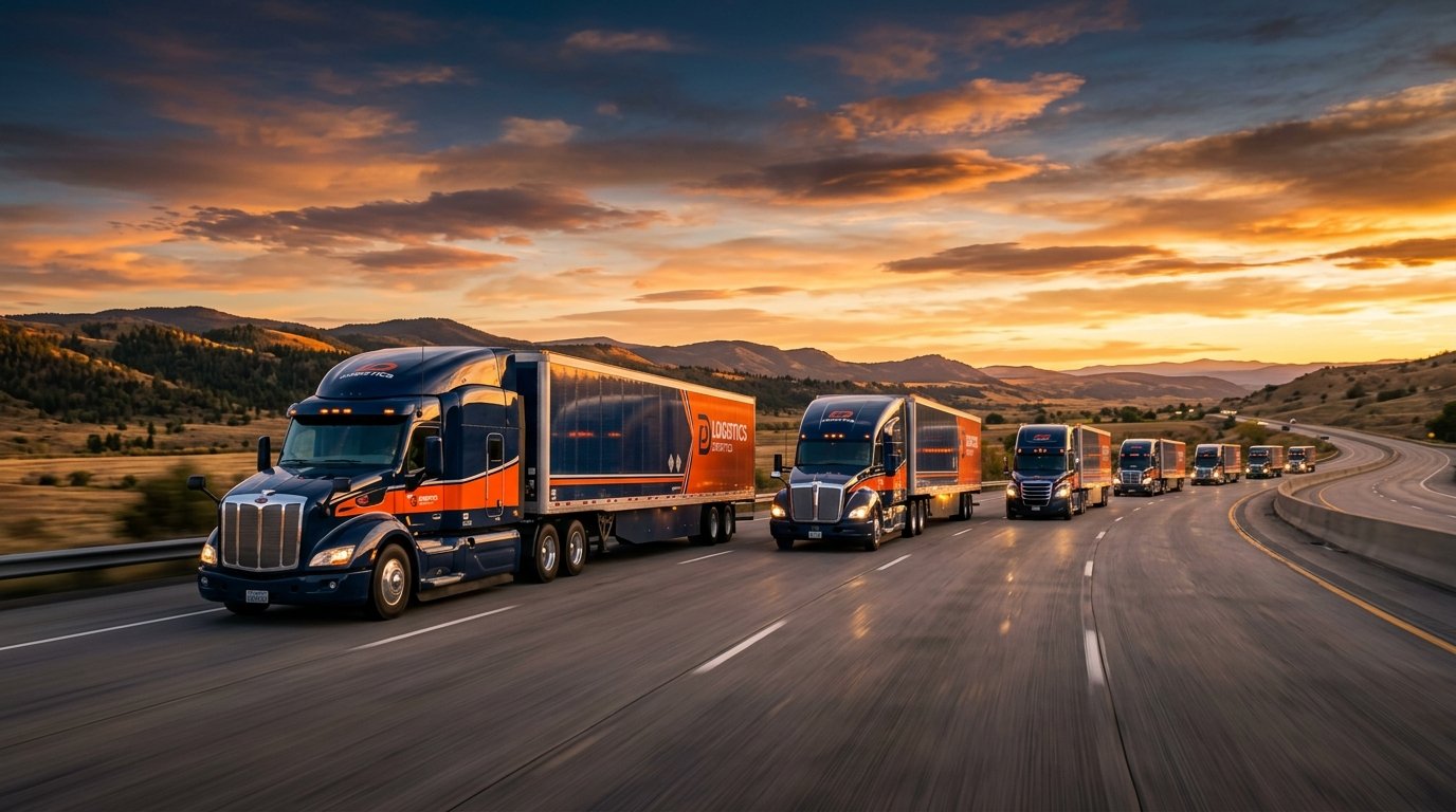 Commercial trucks traveling on an interstate at sunset